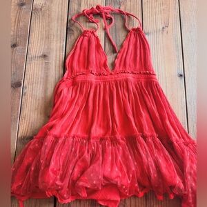 Red Halter Dress with Polka Dot Detail